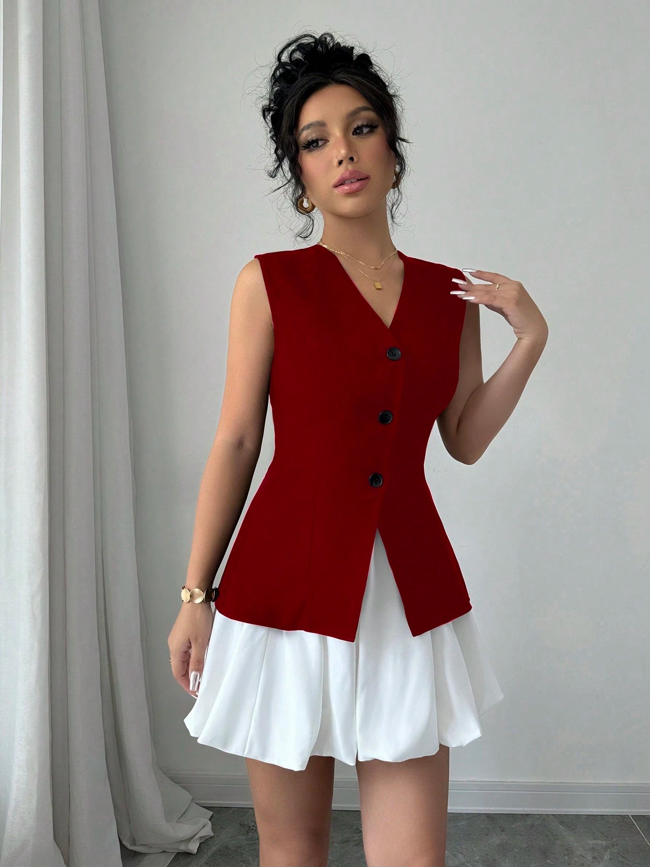 Elenzga Conjunto Elegante e Estiloso de Top Sem Mangas com Decote em V e Saia Mini Bolha de Cor Contrastante, com Efeito Esbelto e Vintage, Adequado para o Dia dos Namorados