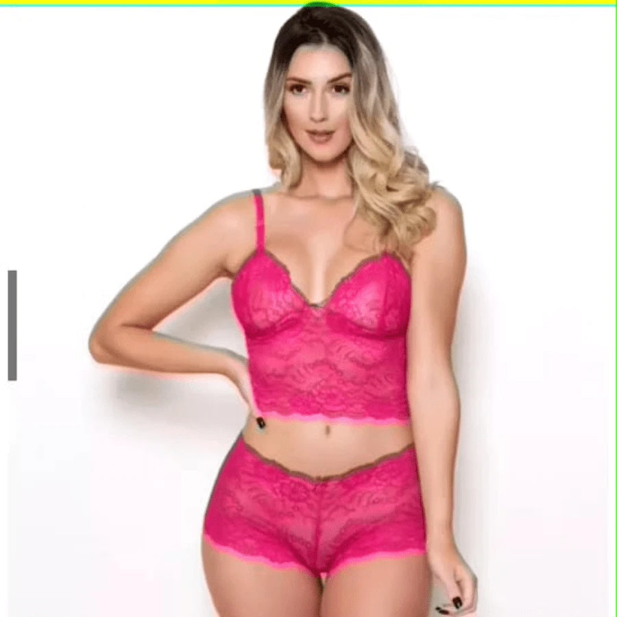 Conjunto de renda espera marido calesson cropped e caleçon lingerie langerie sexy sem bojo com forro short baby doll
