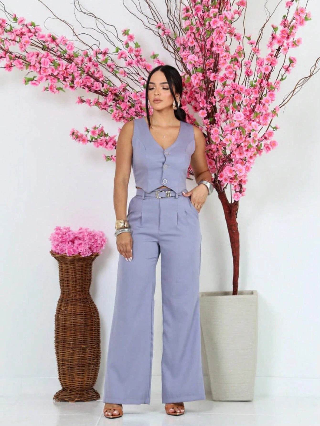 Vendedor IndicadoConjunto Social Feminino Calça Pantalona Colete Com Cinto Alfaiataria