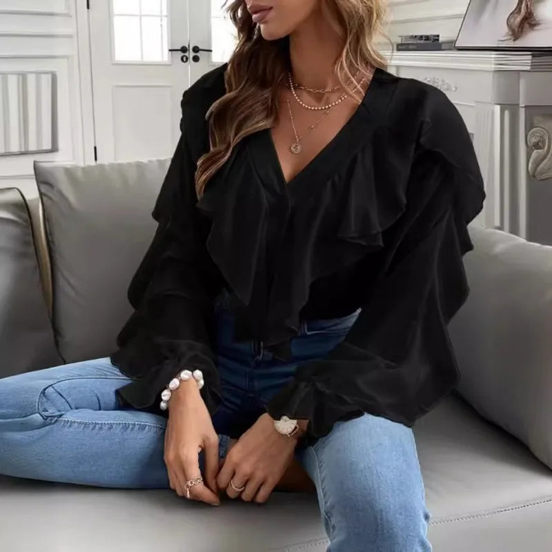 Monocromático v-neck Flounce Top para mulheres, camisa de manga comprida, design temperamento, primavera e verão roupas, recém-chegados