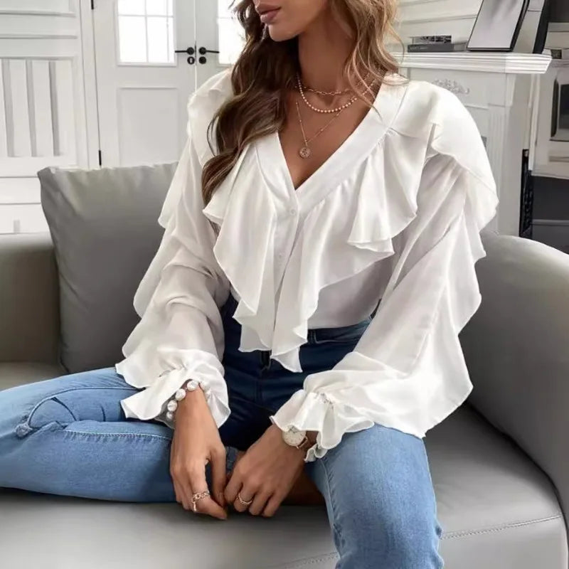 Monocromático v-neck Flounce Top para mulheres, camisa de manga comprida, design temperamento, primavera e verão roupas, recém-chegados