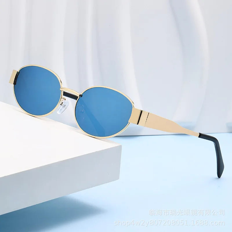 Moda oval óculos de sol feminino retro tendência ao ar livre metal óculos de sol alta qualidade clássico masculino marca luxo óculos uv400
