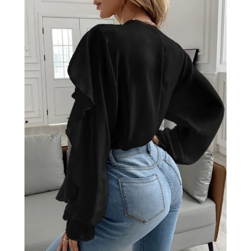 Monocromático v-neck Flounce Top para mulheres, camisa de manga comprida, design temperamento, primavera e verão roupas, recém-chegados