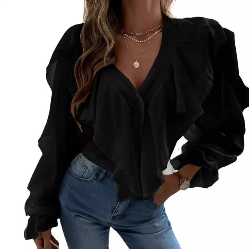 Monocromático v-neck Flounce Top para mulheres, camisa de manga comprida, design temperamento, primavera e verão roupas, recém-chegados