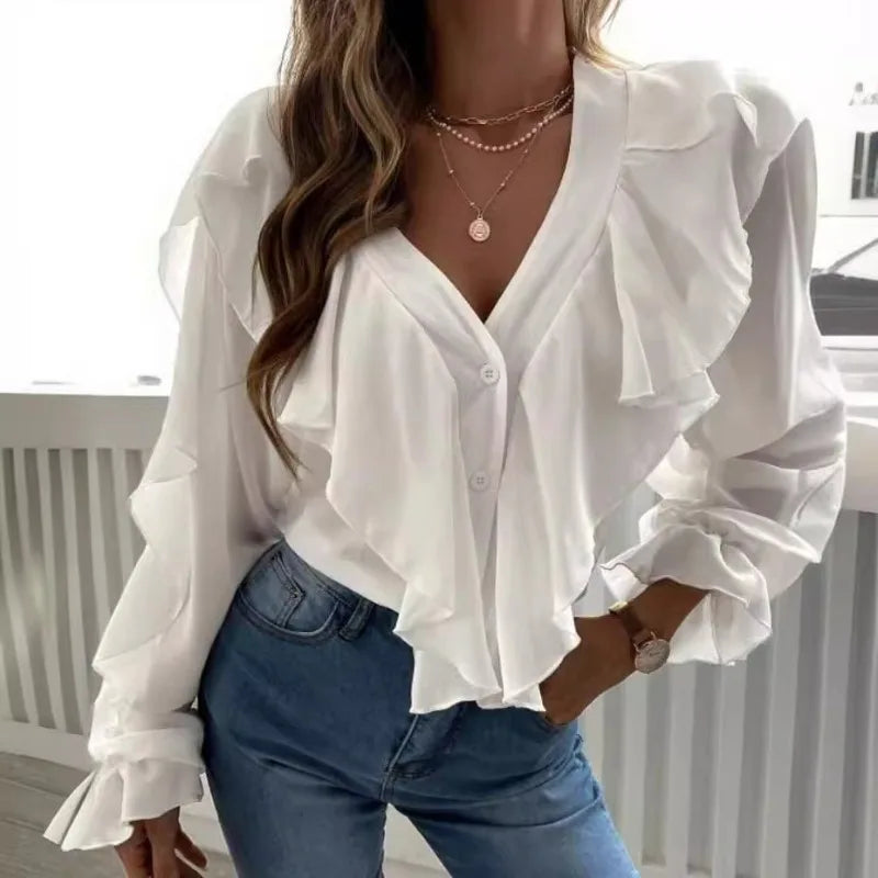 Monocromático v-neck Flounce Top para mulheres, camisa de manga comprida, design temperamento, primavera e verão roupas, recém-chegados