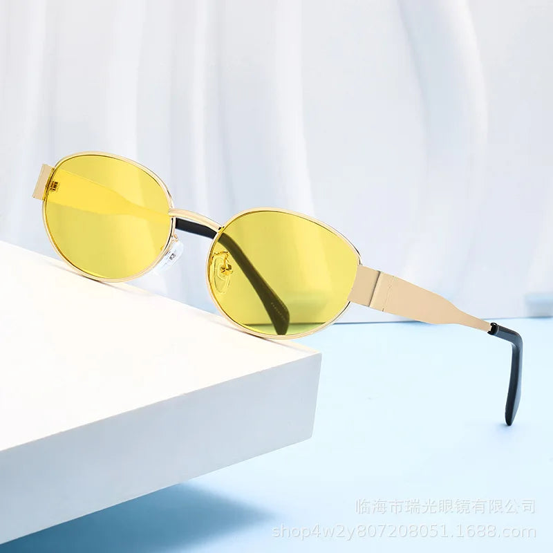 Moda oval óculos de sol feminino retro tendência ao ar livre metal óculos de sol alta qualidade clássico masculino marca luxo óculos uv400