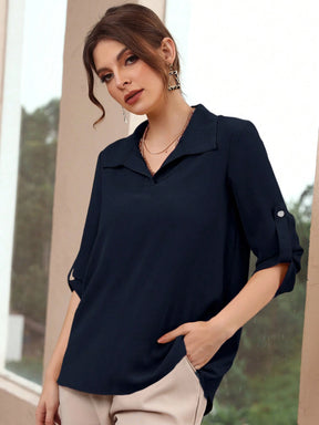 Mulvari Blusa Sólida com Mangas Enroladas