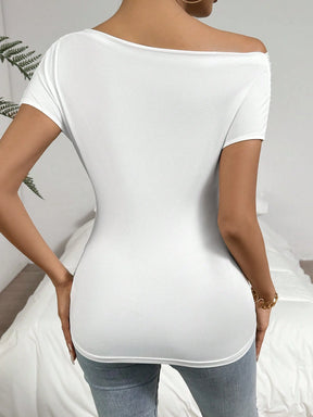 Firerie Camiseta Sólida com Gola Assimétrica e Babados Para o Verão