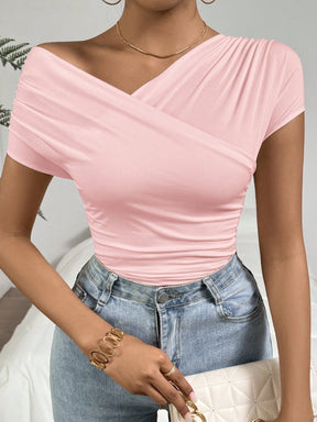 Firerie Camiseta Sólida com Gola Assimétrica e Babados Para o Verão