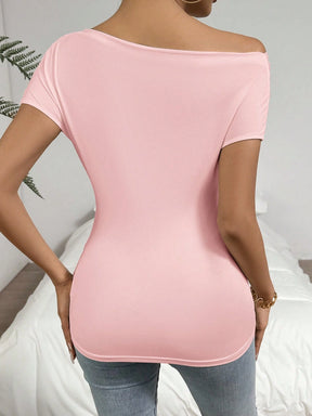 Firerie Camiseta Sólida com Gola Assimétrica e Babados Para o Verão