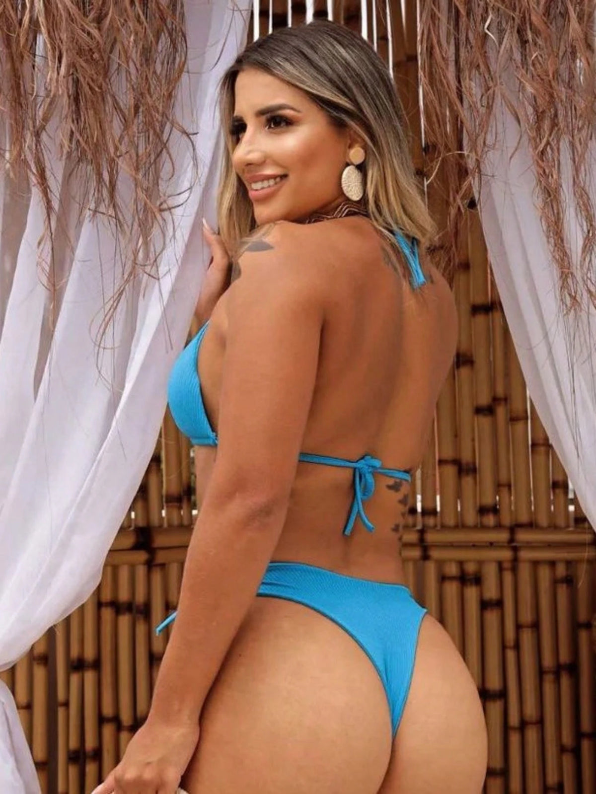 Biquini Cortininha Canelado Calcinha de Biquini Fio Duplo Semi Fio Dental