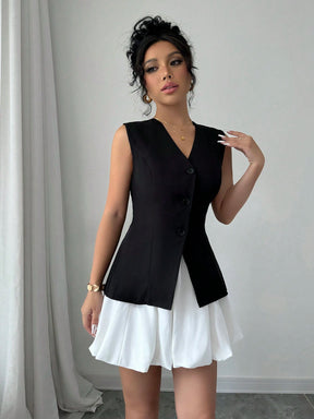 Elenzga Conjunto Elegante e Estiloso de Top Sem Mangas com Decote em V e Saia Mini Bolha de Cor Contrastante, com Efeito Esbelto e Vintage, Adequado para o Dia dos Namorados