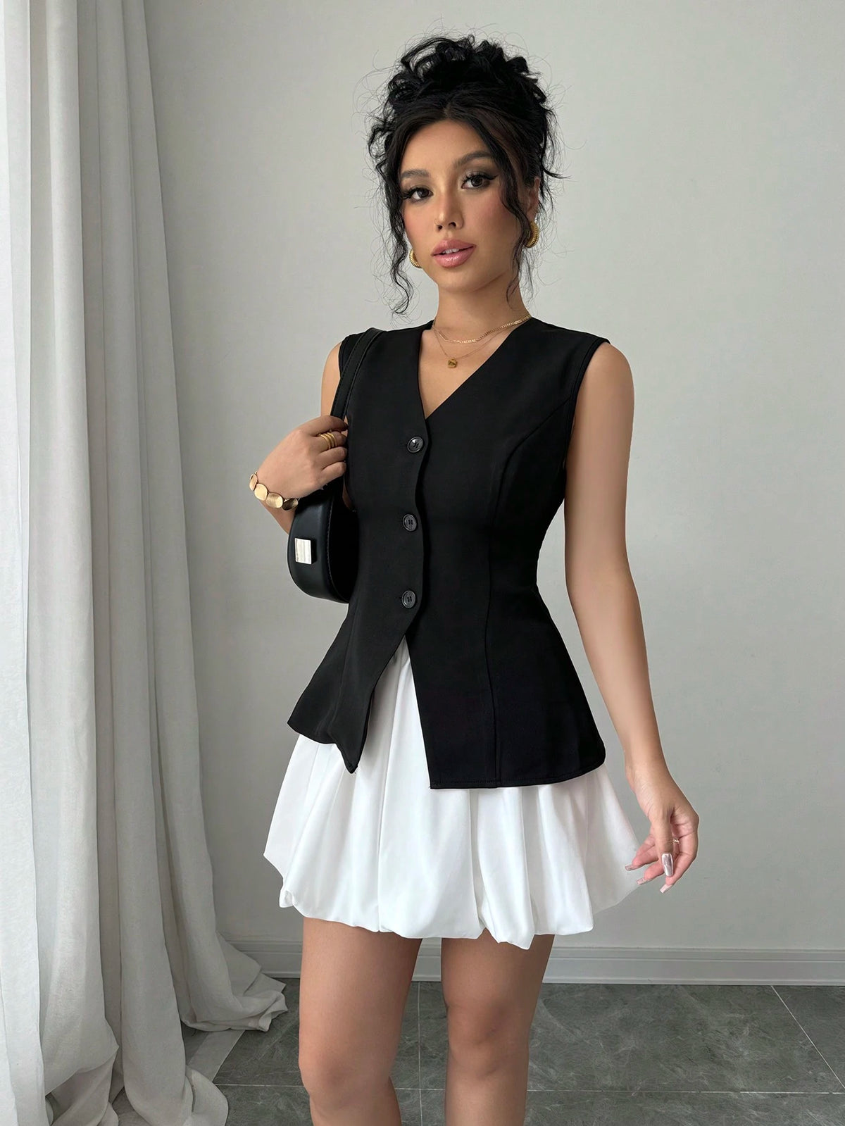Elenzga Conjunto Elegante e Estiloso de Top Sem Mangas com Decote em V e Saia Mini Bolha de Cor Contrastante, com Efeito Esbelto e Vintage, Adequado para o Dia dos Namorados