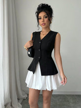 Elenzga Conjunto Elegante e Estiloso de Top Sem Mangas com Decote em V e Saia Mini Bolha de Cor Contrastante, com Efeito Esbelto e Vintage, Adequado para o Dia dos Namorados