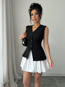 Elenzga Conjunto Elegante e Estiloso de Top Sem Mangas com Decote em V e Saia Mini Bolha de Cor Contrastante, com Efeito Esbelto e Vintage, Adequado para o Dia dos Namorados