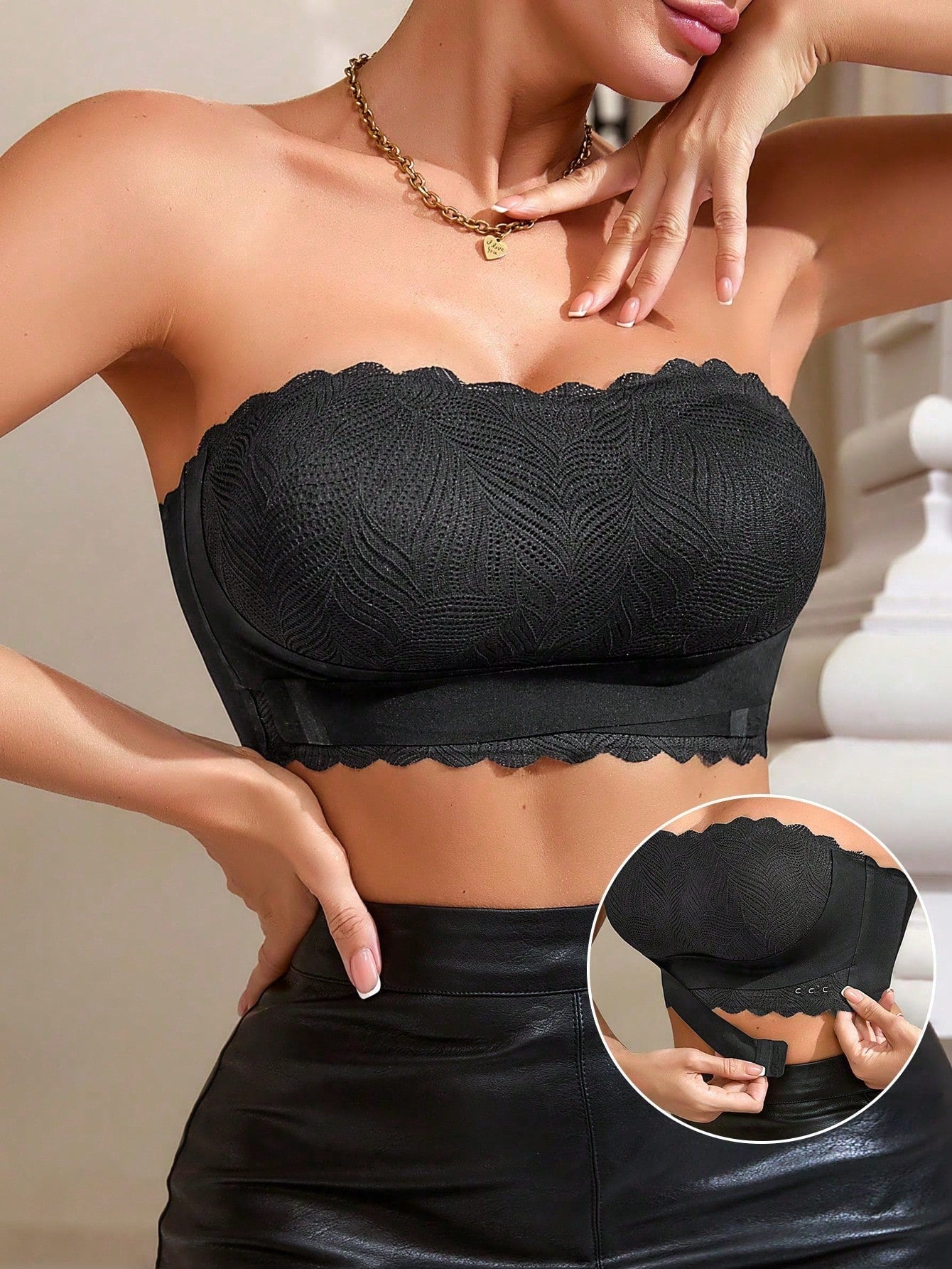 1 Peça Sutiã Lingerie sem Arame com Detalhe de Botão Lateral, Acabamento de Renda com Bainha em Contraste para Mulheres