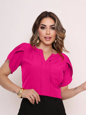Vendedor Indicado
MARILYN MONNA Novo Blusa Feminina cor sólida Pétala Manga Com Decote Em V Verão Design de decote requintado