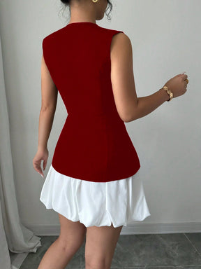 Elenzga Conjunto Elegante e Estiloso de Top Sem Mangas com Decote em V e Saia Mini Bolha de Cor Contrastante, com Efeito Esbelto e Vintage, Adequado para o Dia dos Namorados