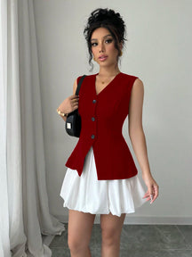 Elenzga Conjunto Elegante e Estiloso de Top Sem Mangas com Decote em V e Saia Mini Bolha de Cor Contrastante, com Efeito Esbelto e Vintage, Adequado para o Dia dos Namorados