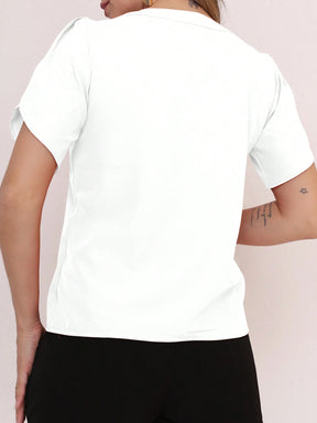 Vendedor Indicado
MARILYN MONNA Novo Blusa Feminina cor sólida Pétala Manga Com Decote Em V Verão Design de decote requintado