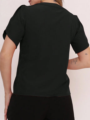Vendedor Indicado
MARILYN MONNA Novo Blusa Feminina cor sólida Pétala Manga Com Decote Em V Verão Design de decote requintado