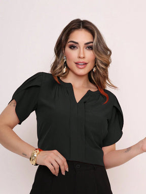 Vendedor Indicado
MARILYN MONNA Novo Blusa Feminina cor sólida Pétala Manga Com Decote Em V Verão Design de decote requintado