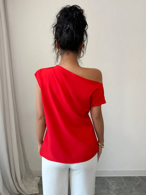 Elenzga Blusa Assimétrica Franzida de Cor Sólida Minimalista Feminina, Verão