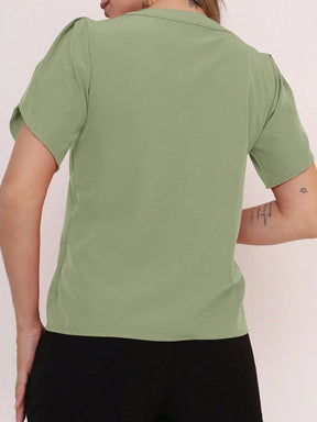 Vendedor Indicado
MARILYN MONNA Novo Blusa Feminina cor sólida Pétala Manga Com Decote Em V Verão Design de decote requintado