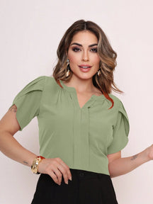 Vendedor Indicado
MARILYN MONNA Novo Blusa Feminina cor sólida Pétala Manga Com Decote Em V Verão Design de decote requintado