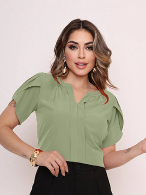 Vendedor Indicado
MARILYN MONNA Novo Blusa Feminina cor sólida Pétala Manga Com Decote Em V Verão Design de decote requintado