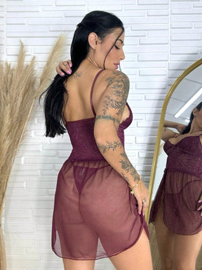 Vendedor Indicadocamisola feminina em tule com detalhes em renda, com fenda lateral