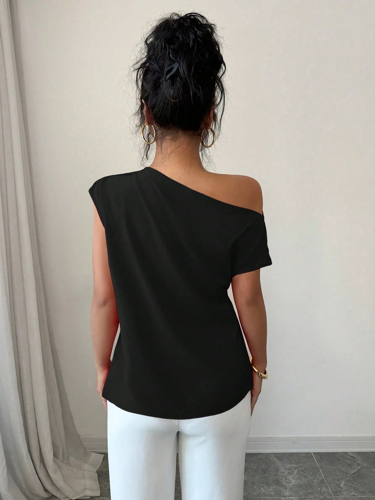 Elenzga Blusa Assimétrica Franzida de Cor Sólida Minimalista Feminina, Verão