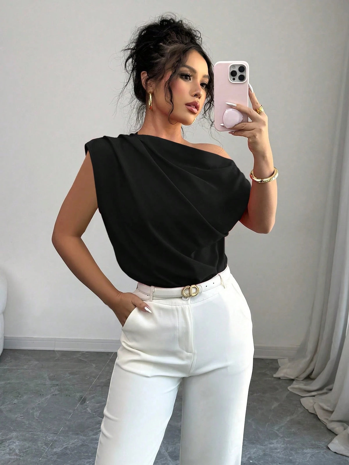 Elenzga Blusa Assimétrica Franzida de Cor Sólida Minimalista Feminina, Verão