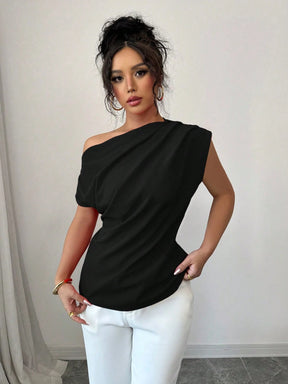 Elenzga Blusa Assimétrica Franzida de Cor Sólida Minimalista Feminina, Verão
