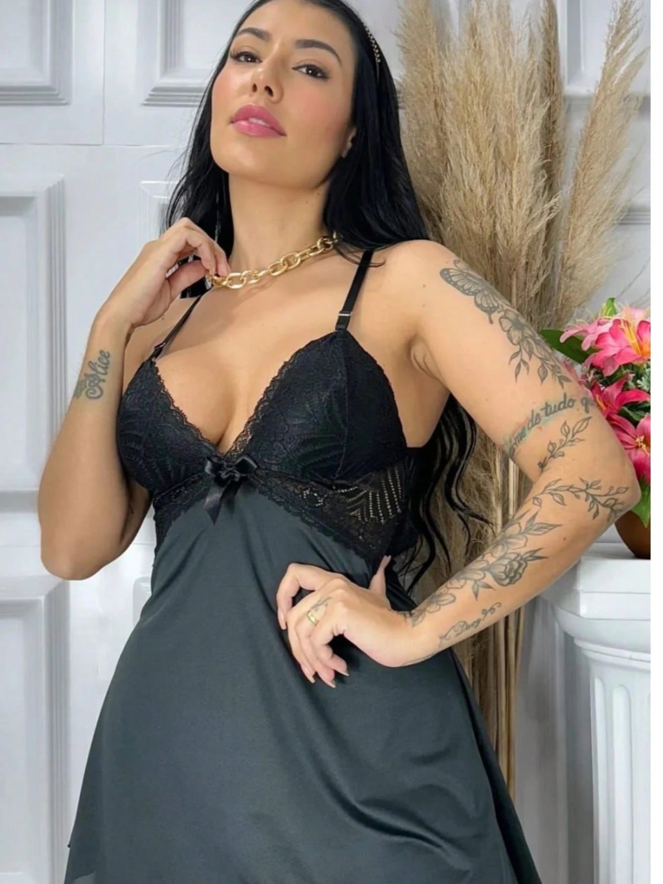 Vendedor Indicadocamisola feminina com calçinha bailarina e detalhes em renda pijama curto roupa de dormir