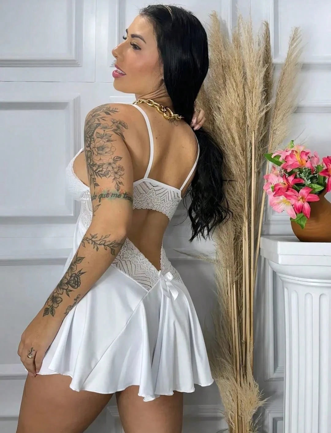Vendedor Indicadocamisola feminina com calçinha bailarina e detalhes em renda pijama curto roupa de dormir