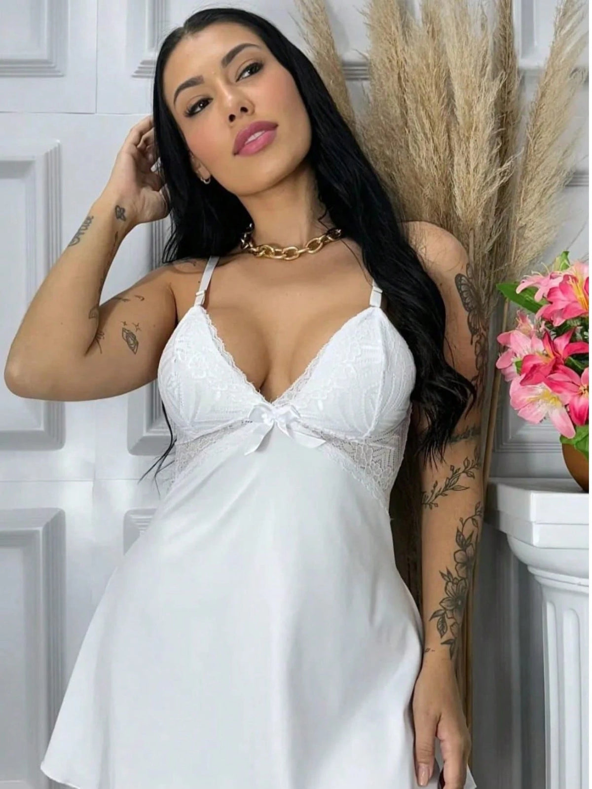 Vendedor Indicadocamisola feminina com calçinha bailarina e detalhes em renda pijama curto roupa de dormir
