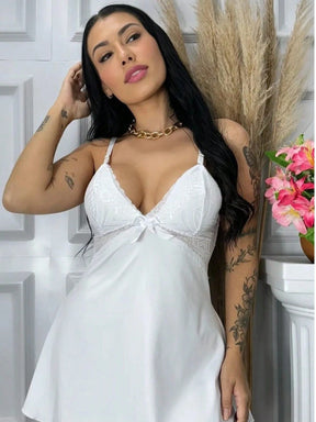 Vendedor Indicadocamisola feminina com calçinha bailarina e detalhes em renda pijama curto roupa de dormir