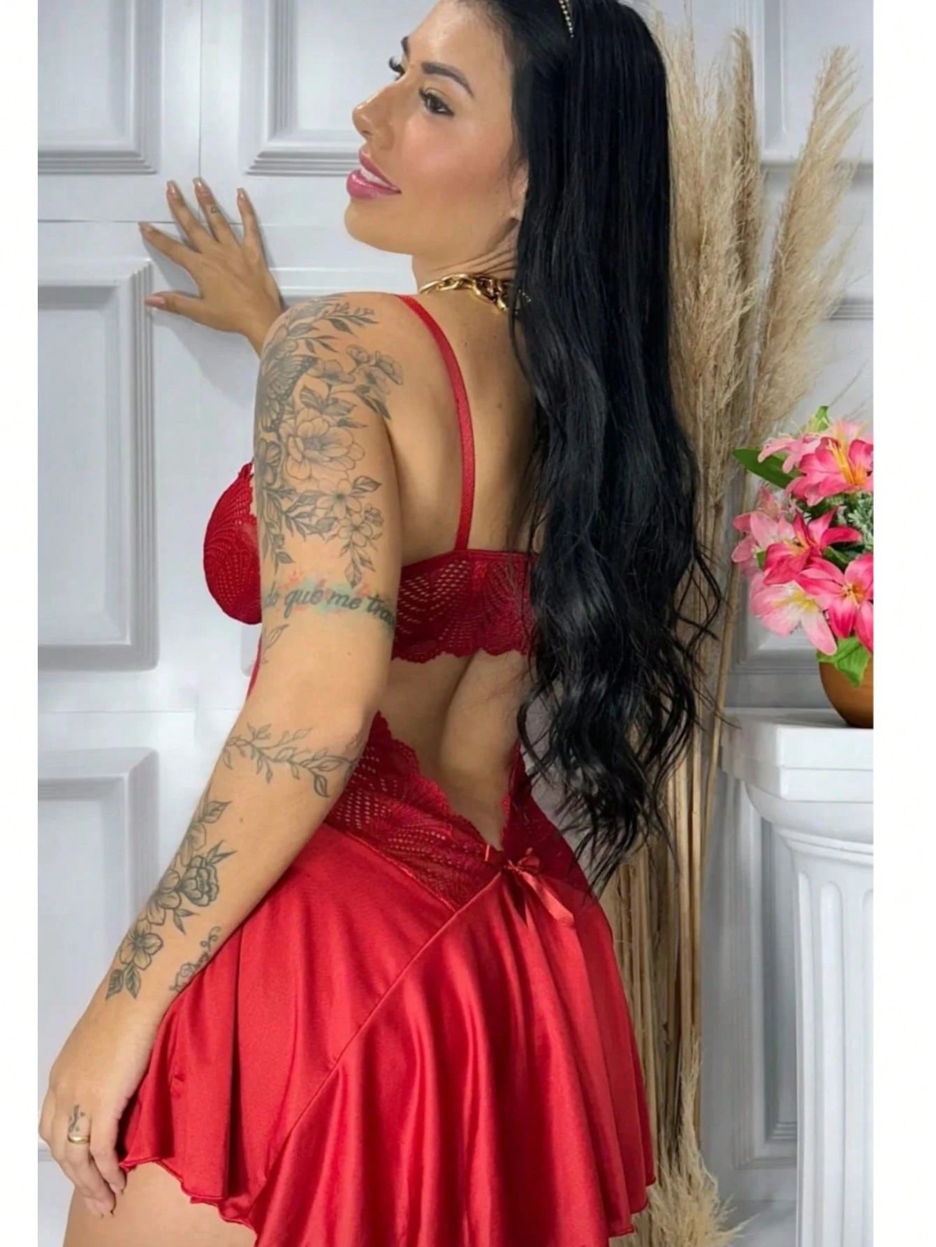 Vendedor Indicadocamisola feminina com calçinha bailarina e detalhes em renda pijama curto roupa de dormir