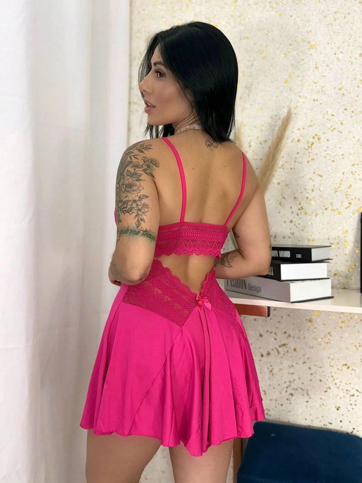 Vendedor Indicadocamisola feminina com calçinha bailarina e detalhes em renda pijama curto roupa de dormir