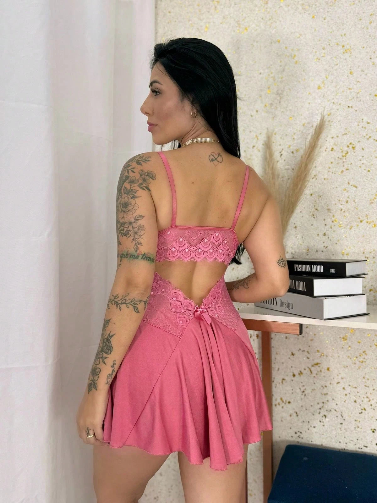 Vendedor Indicadocamisola feminina com calçinha bailarina e detalhes em renda pijama curto roupa de dormir