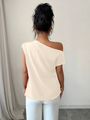 Elenzga Blusa Assimétrica Franzida de Cor Sólida Minimalista Feminina, Verão