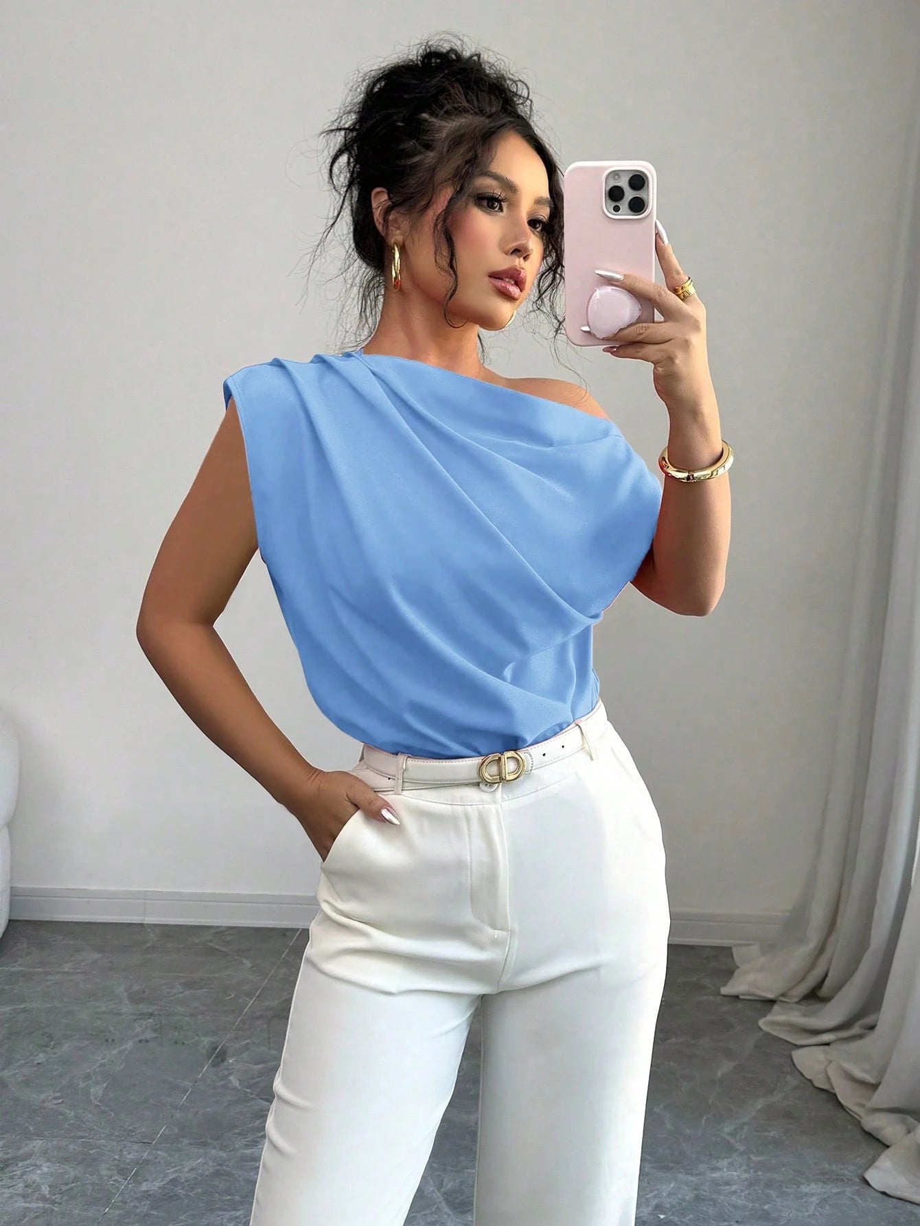 Elenzga Blusa Assimétrica Franzida de Cor Sólida Minimalista Feminina, Verão