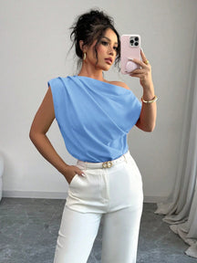 Elenzga Blusa Assimétrica Franzida de Cor Sólida Minimalista Feminina, Verão