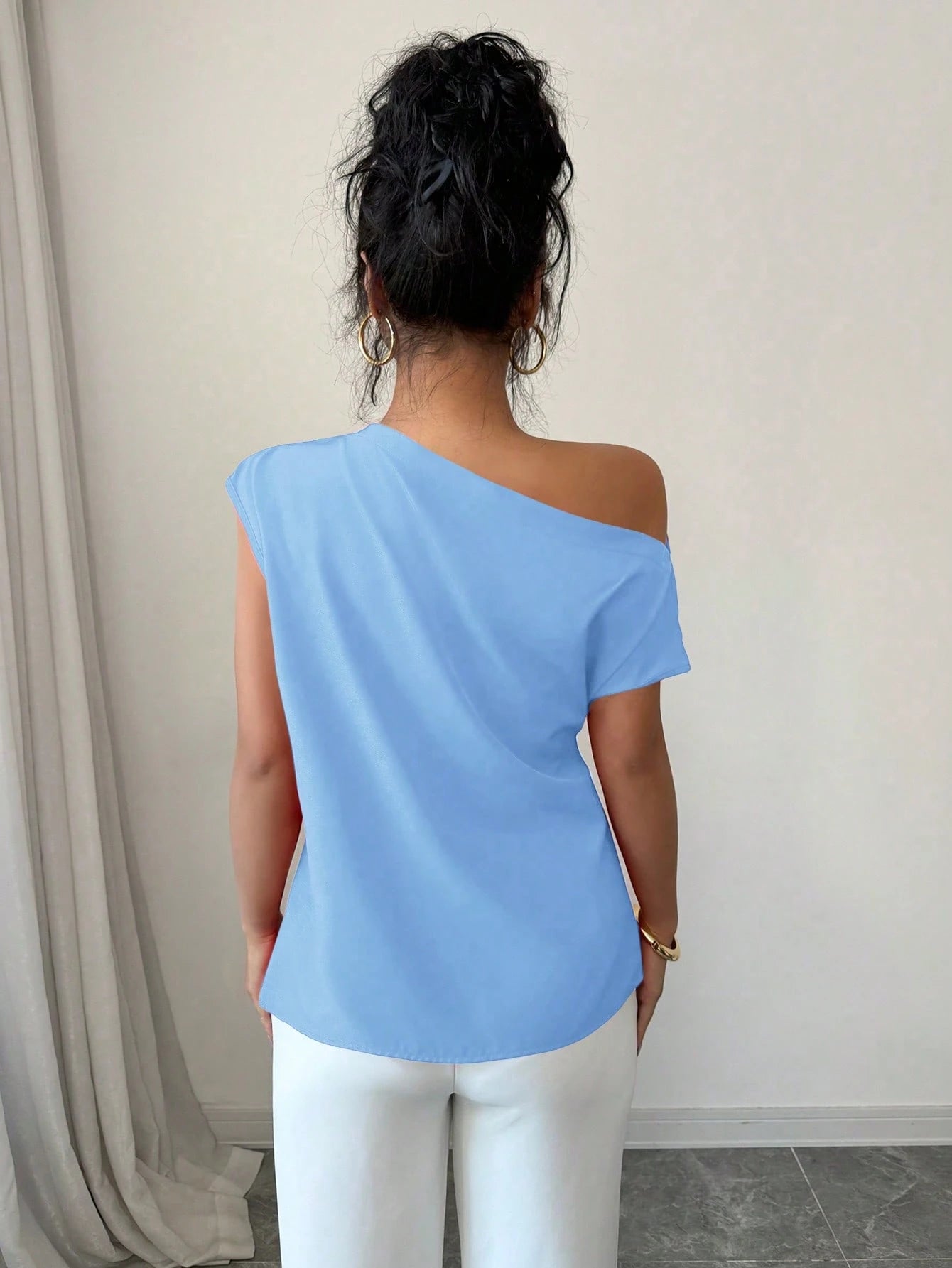 Elenzga Blusa Assimétrica Franzida de Cor Sólida Minimalista Feminina, Verão
