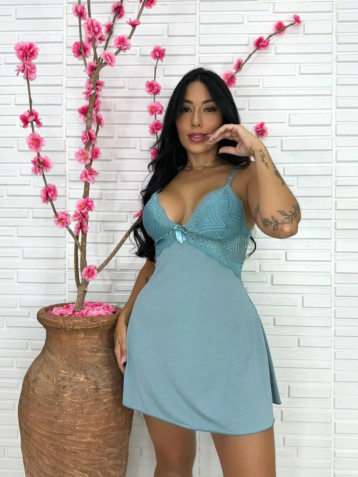 Vendedor Indicadocamisola feminina com calçinha bailarina e detalhes em renda pijama curto roupa de dormir