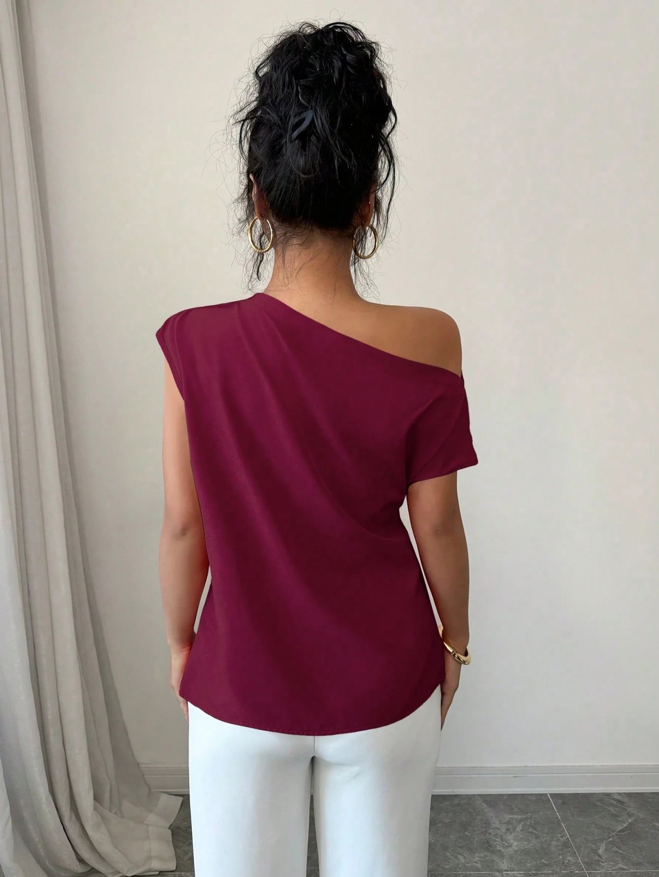 Elenzga Blusa Assimétrica Franzida de Cor Sólida Minimalista Feminina, Verão