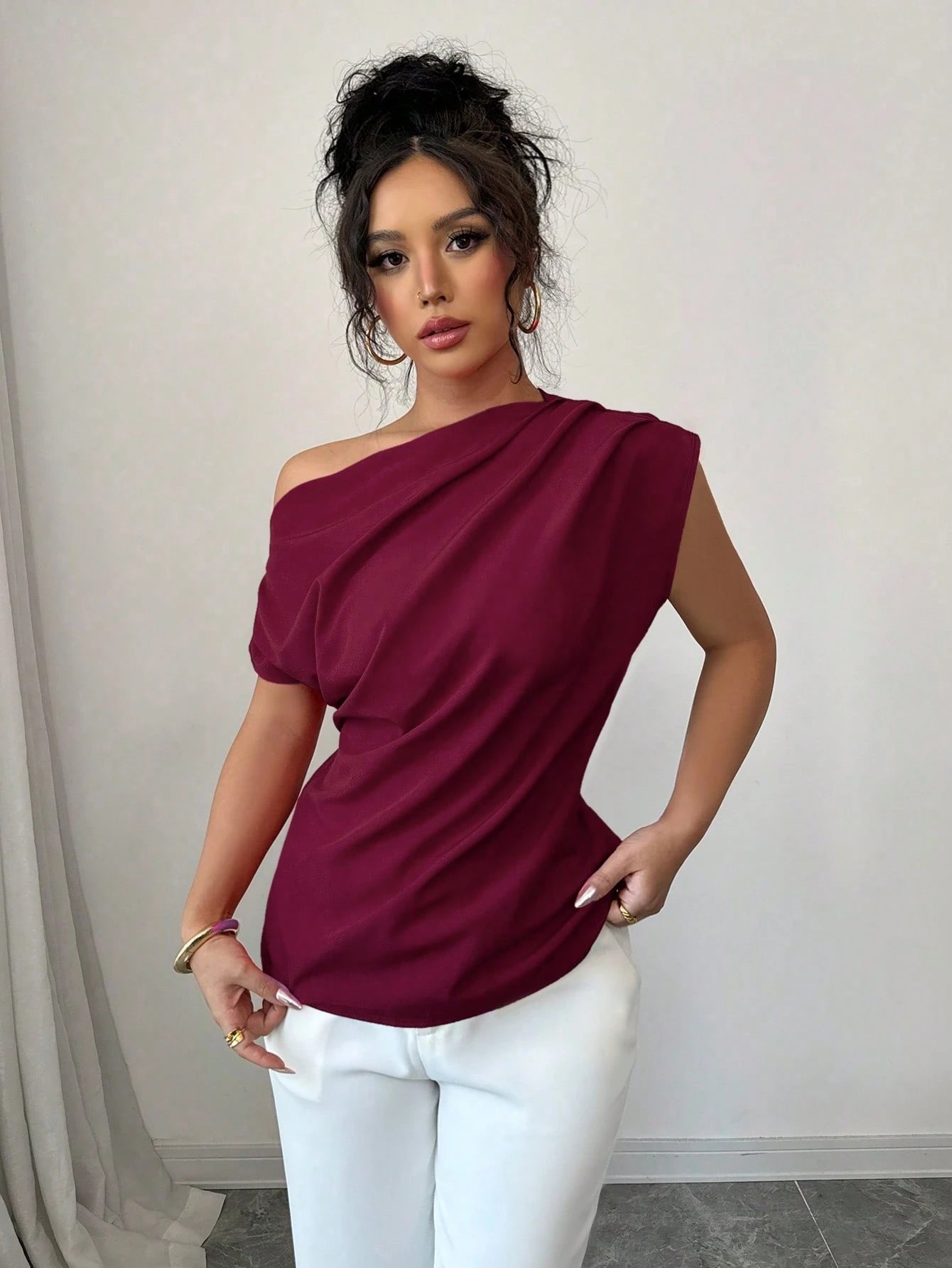 Elenzga Blusa Assimétrica Franzida de Cor Sólida Minimalista Feminina, Verão