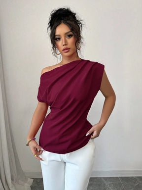 Elenzga Blusa Assimétrica Franzida de Cor Sólida Minimalista Feminina, Verão