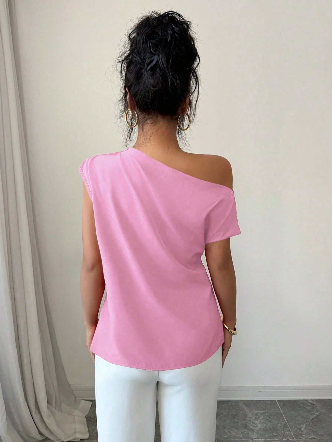 Elenzga Blusa Assimétrica Franzida de Cor Sólida Minimalista Feminina, Verão